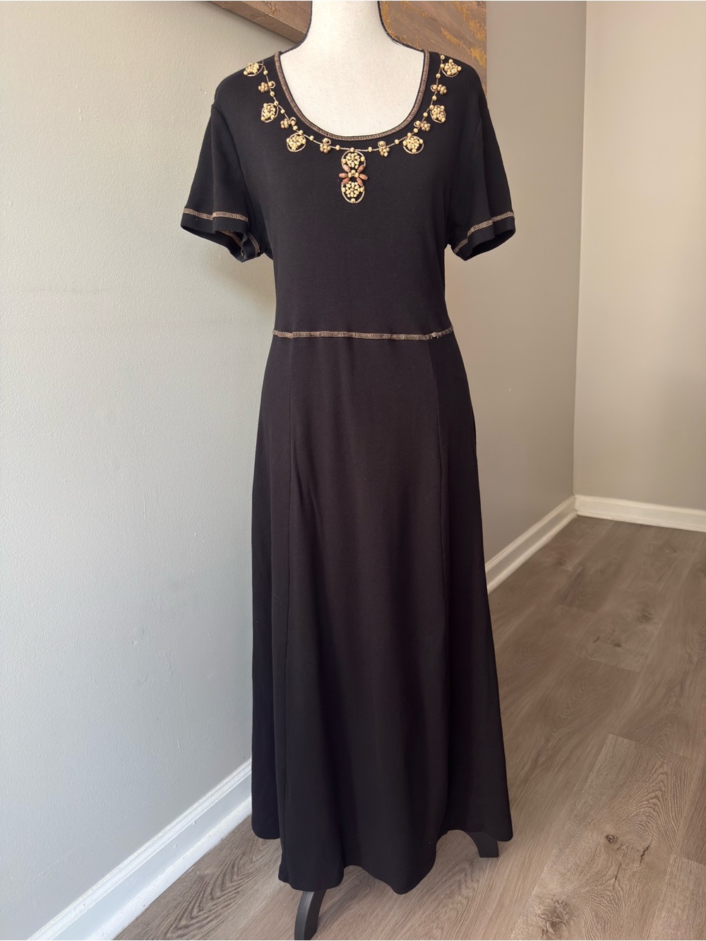 Vintage Coldwater Creek Black Beaded Whimsigoth Cotton Maxi Dress Size L